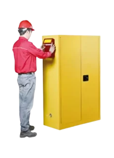 Safety Data Sheet Holder attached to a safety cabinet