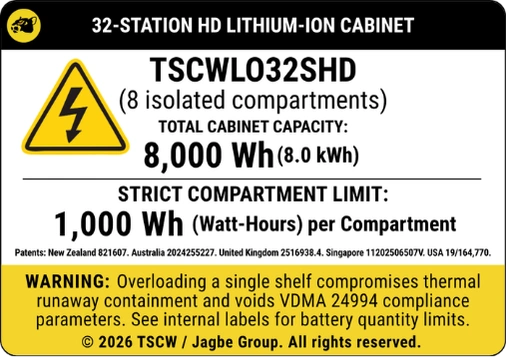 32 Station Li-Ion Battery Cabinet outer warning label