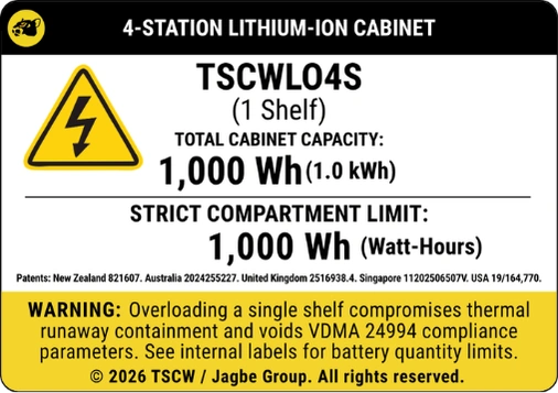 4 station li-ion battery cabinet outer warning label