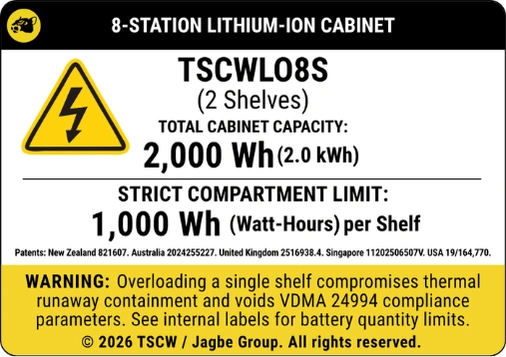 8 station li-ion battery cabinet outer warning label